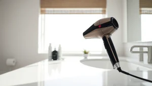 Styler hair dryer showcased elegantly on a bathroom countertop with vibrant lighting.