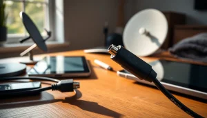 Show the starlink mini 12v cable on a desk with tech items, highlighting its features.