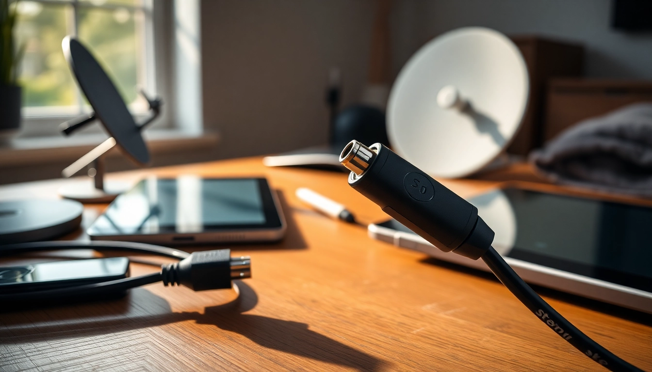 Show the starlink mini 12v cable on a desk with tech items, highlighting its features.