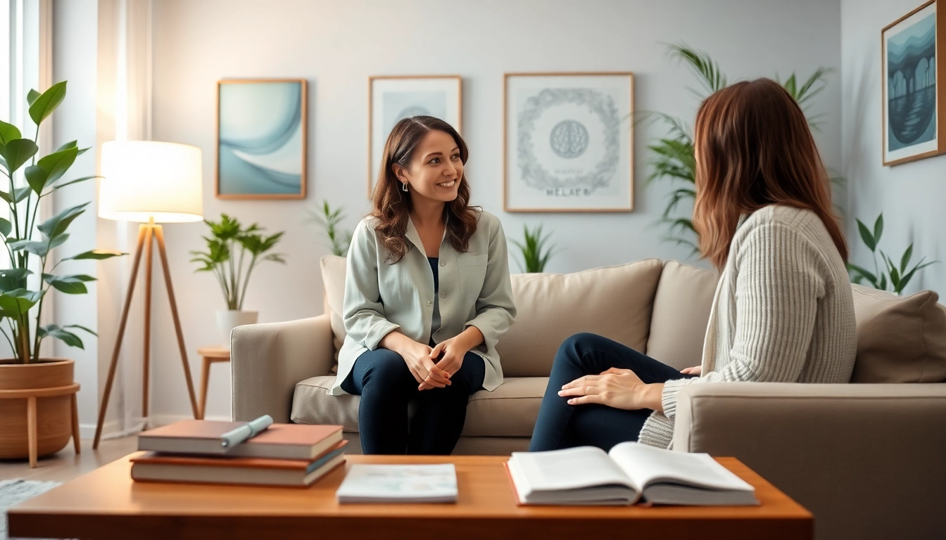 Engaged psychotherapy dubai session in a tranquil office environment with a therapist and a client.