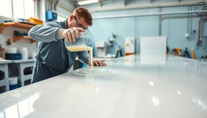 Pouring laminating resin onto fiberglass cloth with precision in a well-lit workshop