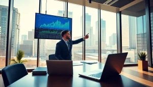 Visual representation of a Hedge Fund manager analyzing stock trends in a modern office