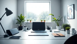 Showcasing a Lenovo laptop in a modern workspace with organized accessories for productivity.
