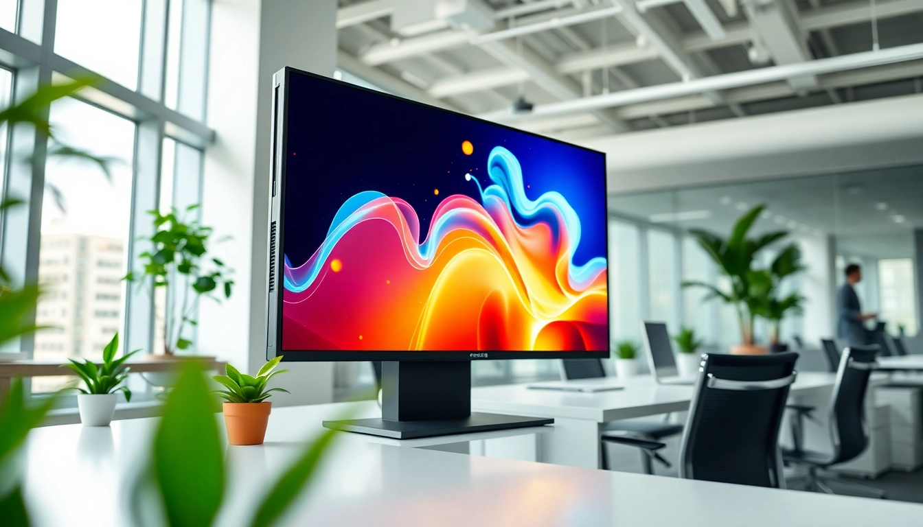 Showcasing an Android digital signage player in an office, displaying vibrant content on a large screen.