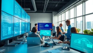 Visualize cloud infrastructure and DevOps services in a collaborative office setting with technology-driven ambiance.
