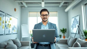 Visualize how to Launch Successful Startup with an entrepreneur in a collaborative office setting.