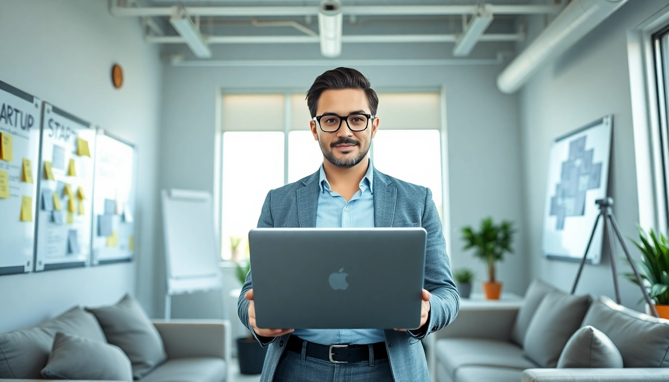 Visualize how to Launch Successful Startup with an entrepreneur in a collaborative office setting.