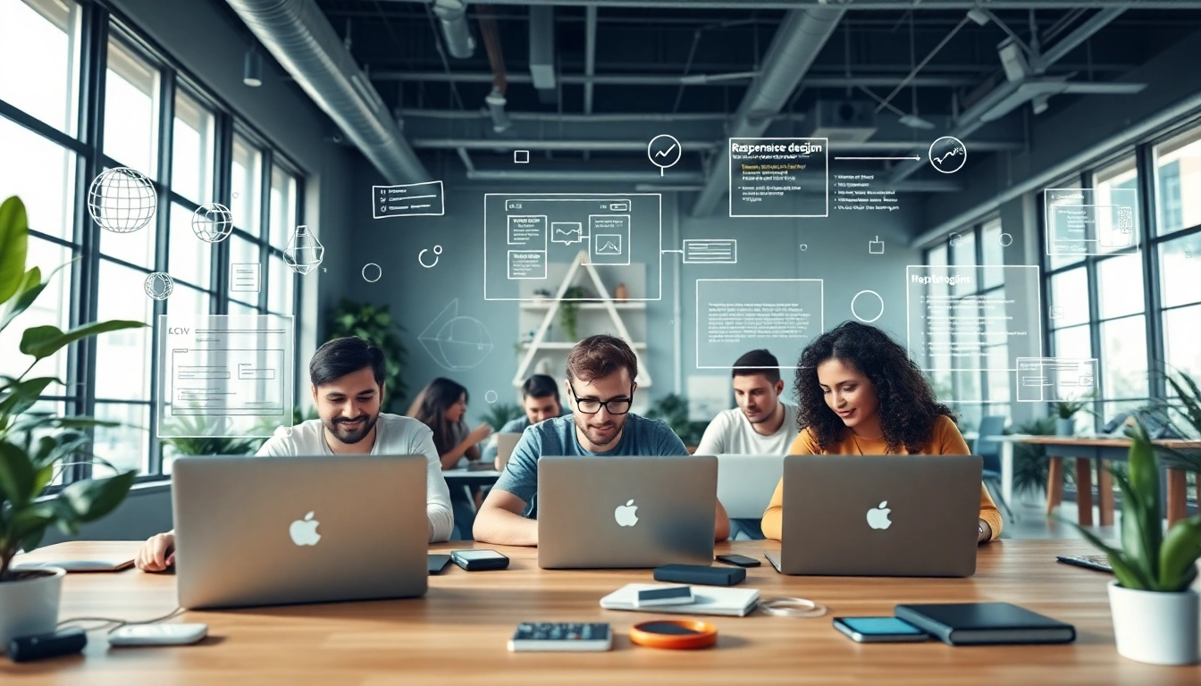 Engaging illustration of web development teamwork in a modern coworking space.