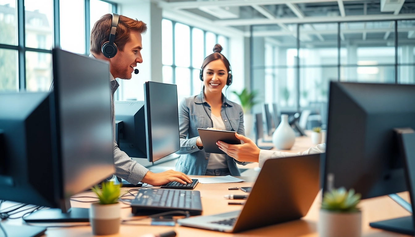 Providing computer support assistance in a modern office setting with engaged professionals.