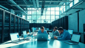 Engineers collaborating on cloud infrastructure and DevOps services in a modern workspace.