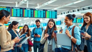 Applying for the UK ETA online application while traveling at the airport with people using devices.