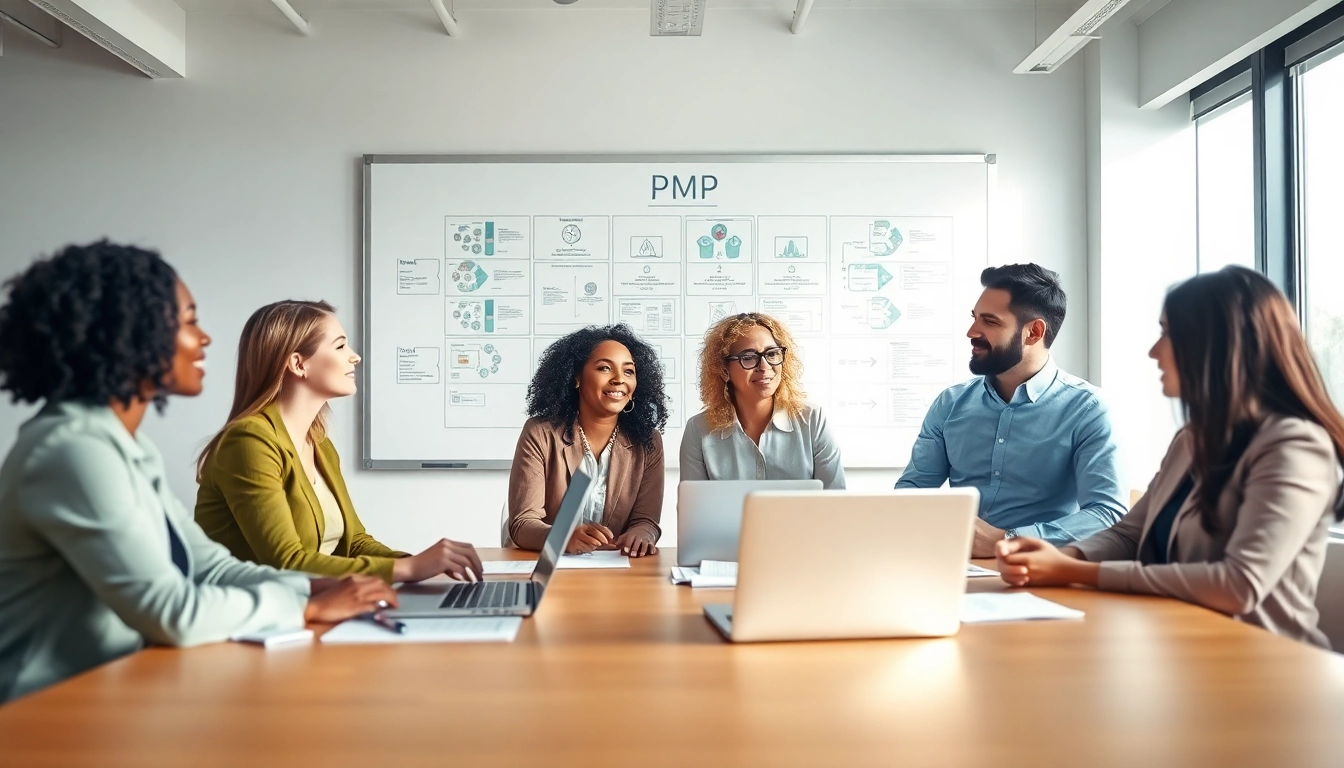 PMP Application Help: Professionals collaborating on project management strategies in a bright office.