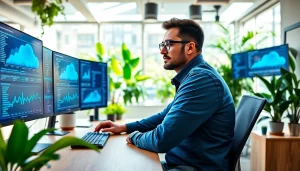Visualize Cloud infrastructure and DevOps services with a DevOps engineer in a vibrant office space.