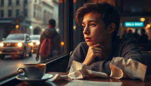 Reflective young adult contemplating a relationship breakup over coffee in a cafe setting.