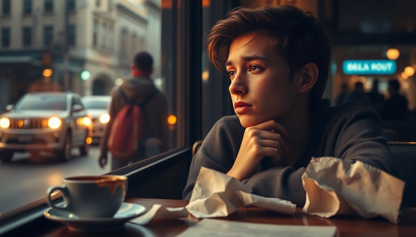 Reflective young adult contemplating a relationship breakup over coffee in a cafe setting.