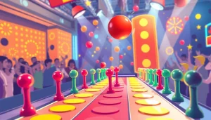 Permainan plinko yang seru dengan bola berwarna-warni jatuh di atas papan, menciptakan suasana yang meriah.