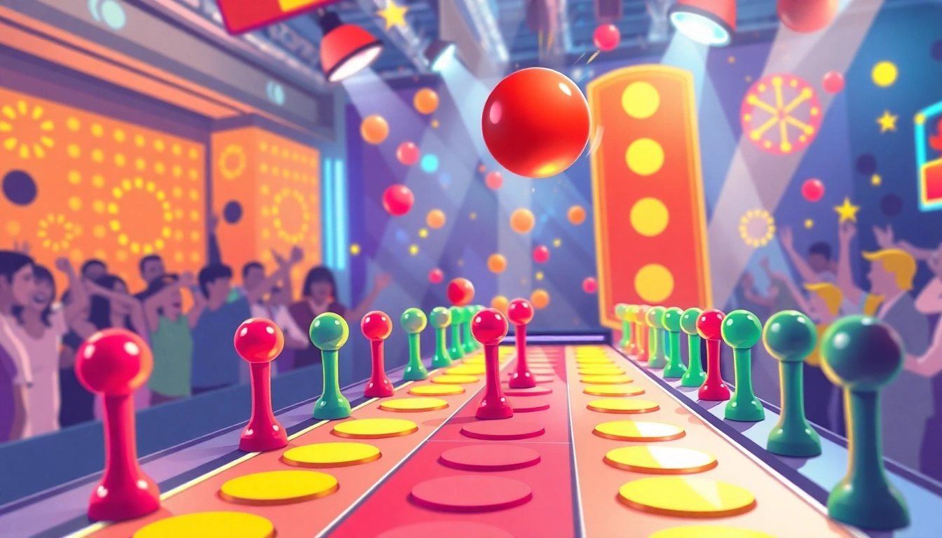 Permainan plinko yang seru dengan bola berwarna-warni jatuh di atas papan, menciptakan suasana yang meriah.