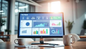 Analyze key metrics with a comprehensive financial dashboard tool showcased in a modern office.