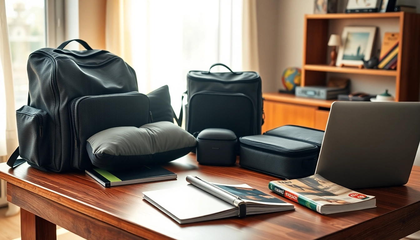 Showcasing travel gears organized on a wooden surface, emphasizing functionality and style.