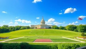 Visualize the concept of a State with a colorful illustrated map and government symbols.