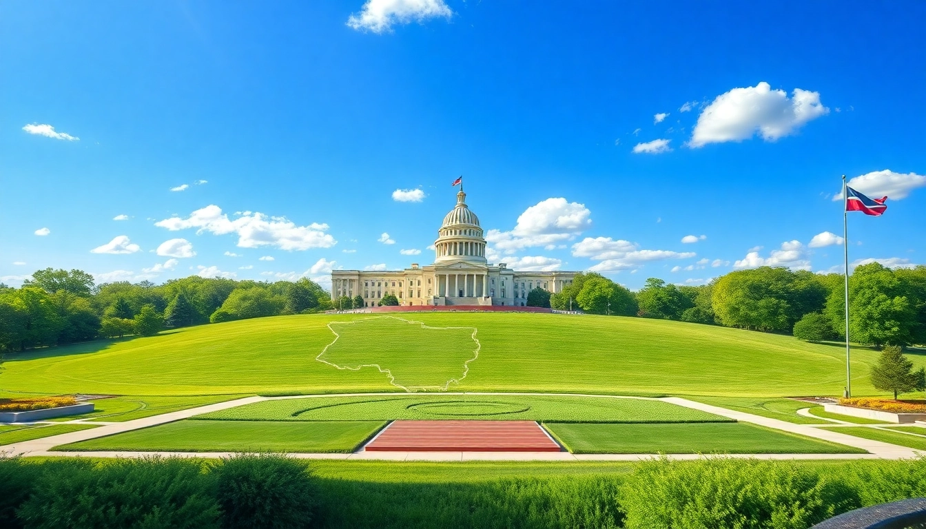 Visualize the concept of a State with a colorful illustrated map and government symbols.