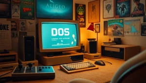 Download classic DOS games in this retro gaming setup showcasing nostalgic elements.