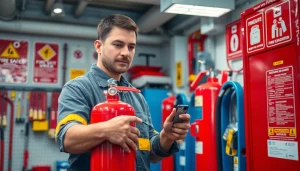 Technician conducting fire extinguisher servicing Birmingham with safety equipment in focus.