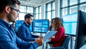 Analyze AI detection tools with professionals collaborating in a high-tech office.