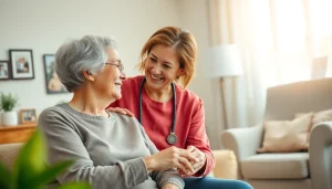Engaging moment of senior care austin tx shows a caregiver assisting a senior in their home.