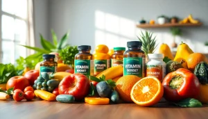 Vitamin Boosters arranged with fresh fruits and vegetables promoting health and wellness.
