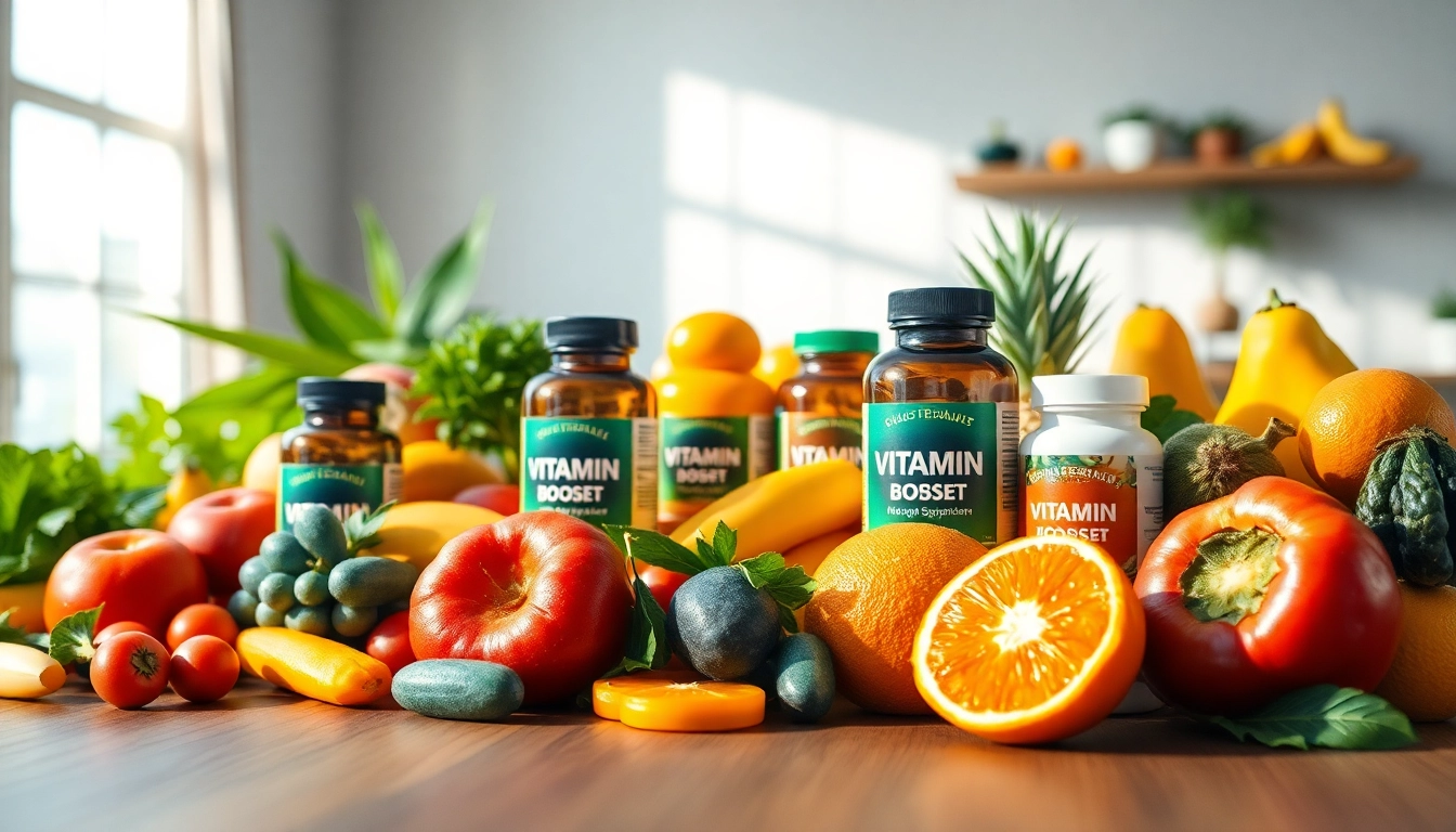 Vitamin Boosters arranged with fresh fruits and vegetables promoting health and wellness.