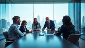 Crisis management consultant facilitating a team meeting in a modern office environment.