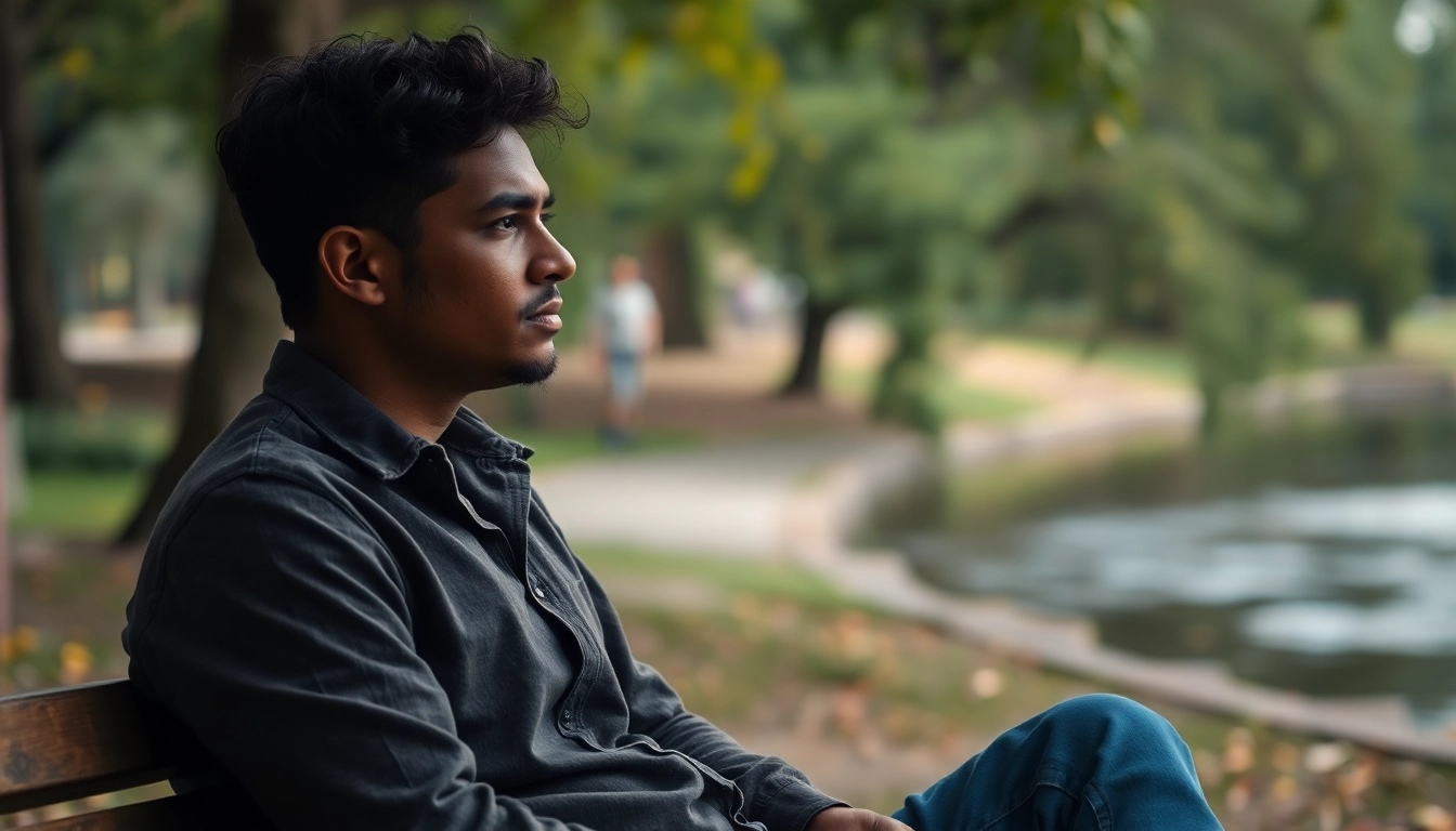 Individual reflecting on relationship breakup among serene park scenery.