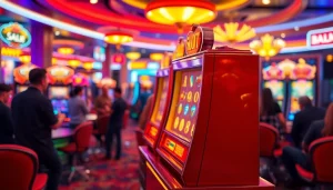 Berinteraksi dengan mesin game slot yang cerah dan berkilau di kasino.