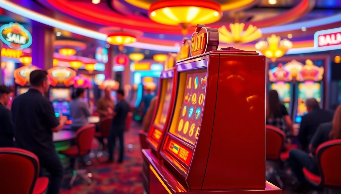 Berinteraksi dengan mesin game slot yang cerah dan berkilau di kasino.