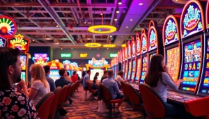 Experience thrilling gameplay at https://slotbuff3.com with engaging slot machines and players enjoying a vibrant casino atmosphere.