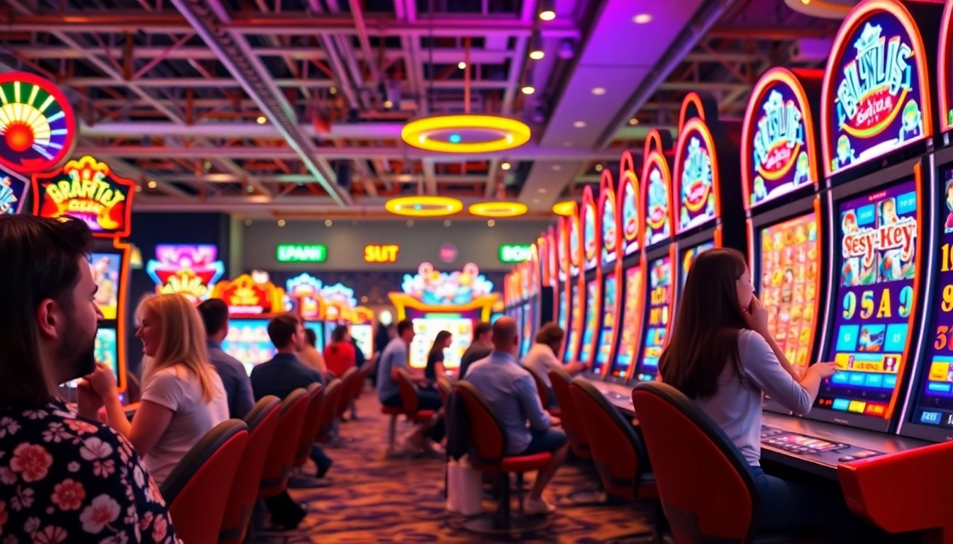 Experience thrilling gameplay at https://slotbuff3.com with engaging slot machines and players enjoying a vibrant casino atmosphere.