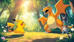 Pokémon characters battle in a vibrant forest, highlighting Pokémon in action.