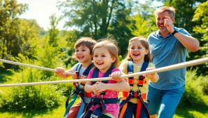 Family enjoying the thrill of a ZIP WIRE KIT as children zip through a sunny backyard.