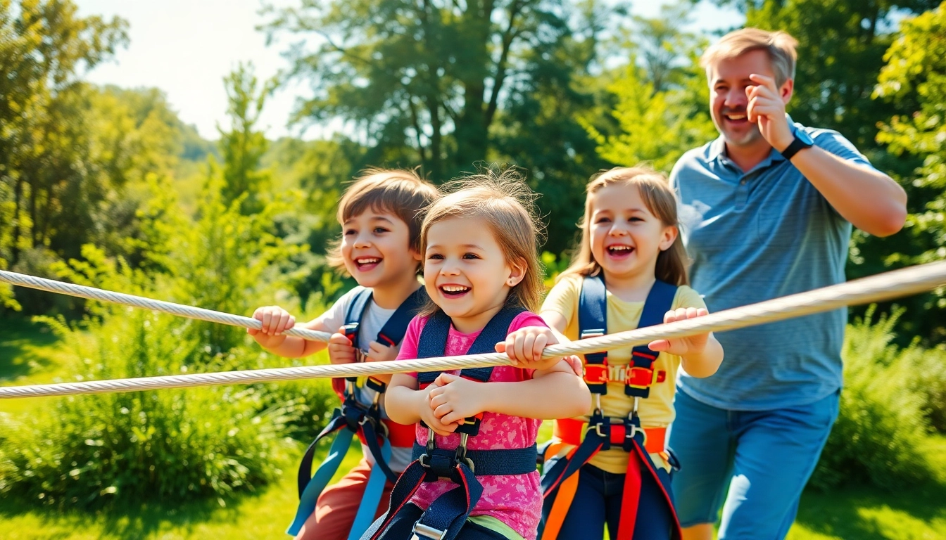 Family enjoying the thrill of a ZIP WIRE KIT as children zip through a sunny backyard.