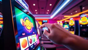 Masuk ke bos88 login Slot yang menampilkan mesin slot digital dengan suasana kasino yang energik.