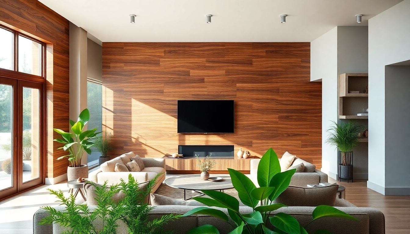 Showcasing wall cladding created from beautifully designed wood panels in a modern living room.