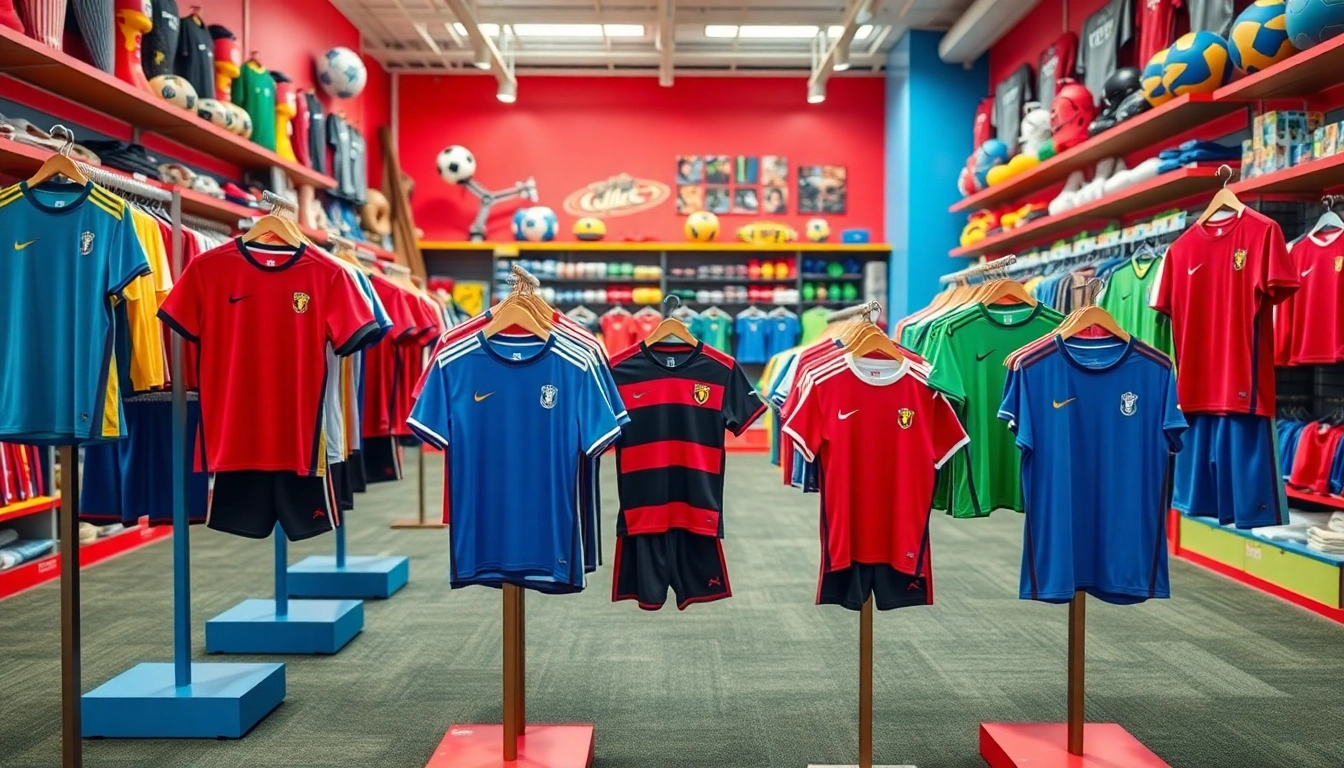 Show vibrant Kids Football Kits displayed in a sports store, capturing excitement and variety.