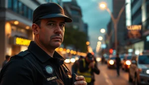 Security guard conducting Response, Key Holding & Mobile Patrols in city at dusk.