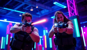 Players engaging in a thrilling laser tag game in a neon-lit arena, showcasing excitement.