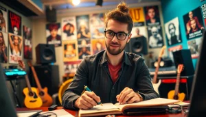 Engaged professional at a Music PR Firm creating promotional materials in a vibrant studio environment.