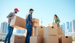 Experience reliable Toronto moving services with professional movers helping a family relocate in an urban setting.