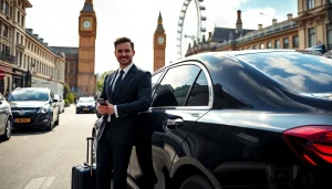 Private chauffeur London greeting clients by a luxury car on a vibrant city street.
