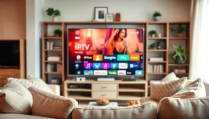 Profitez d'un service IPTV de qualité dans un salon confortable avec une télévision élégante.