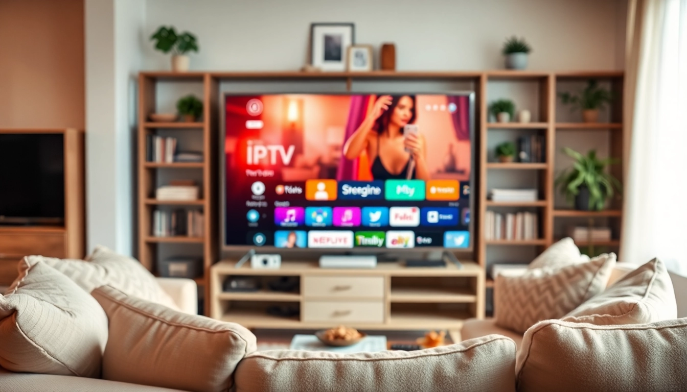 Profitez d'un service IPTV de qualité dans un salon confortable avec une télévision élégante.